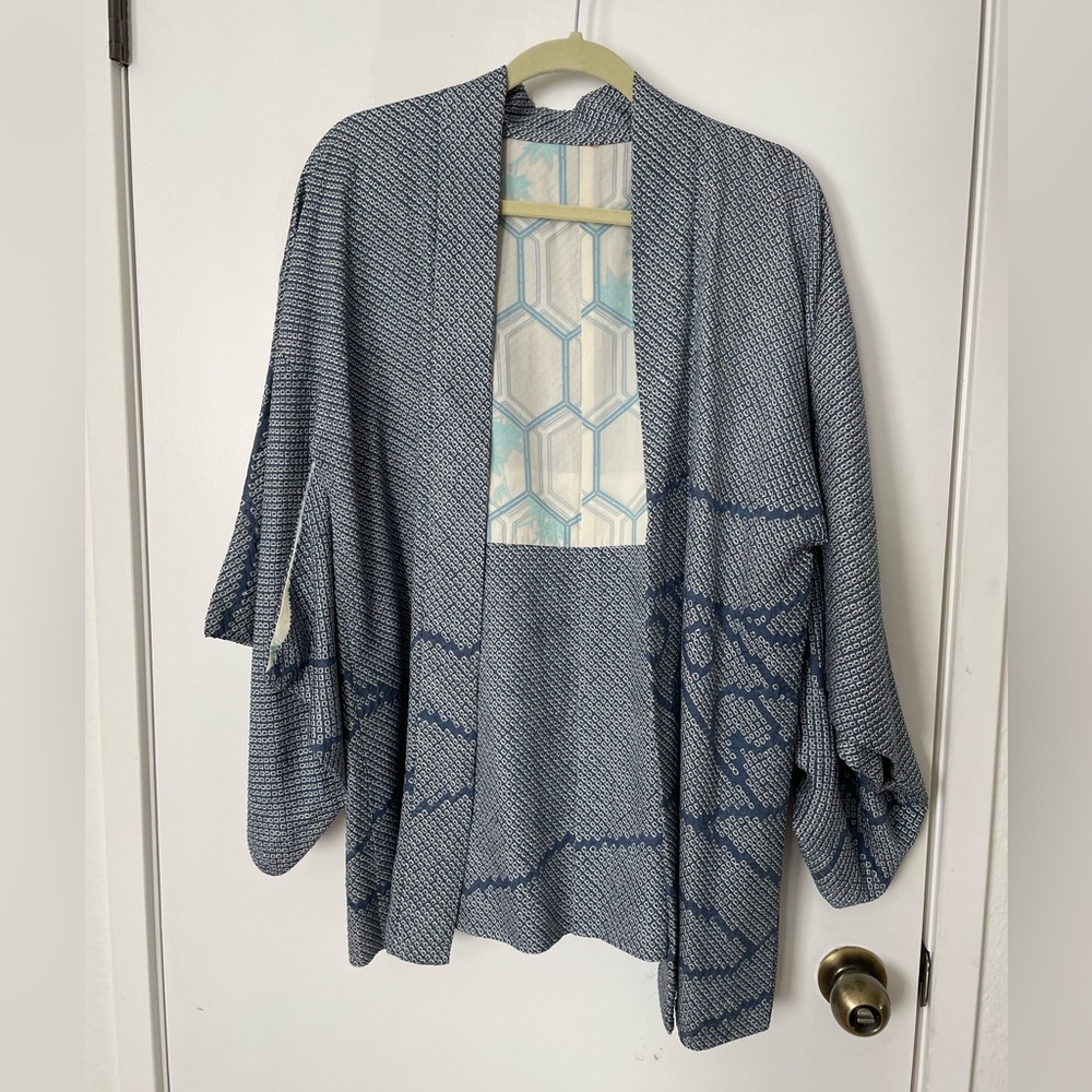 Handmade Vintage Short Kimono Haori Blue Patterned Size M-L